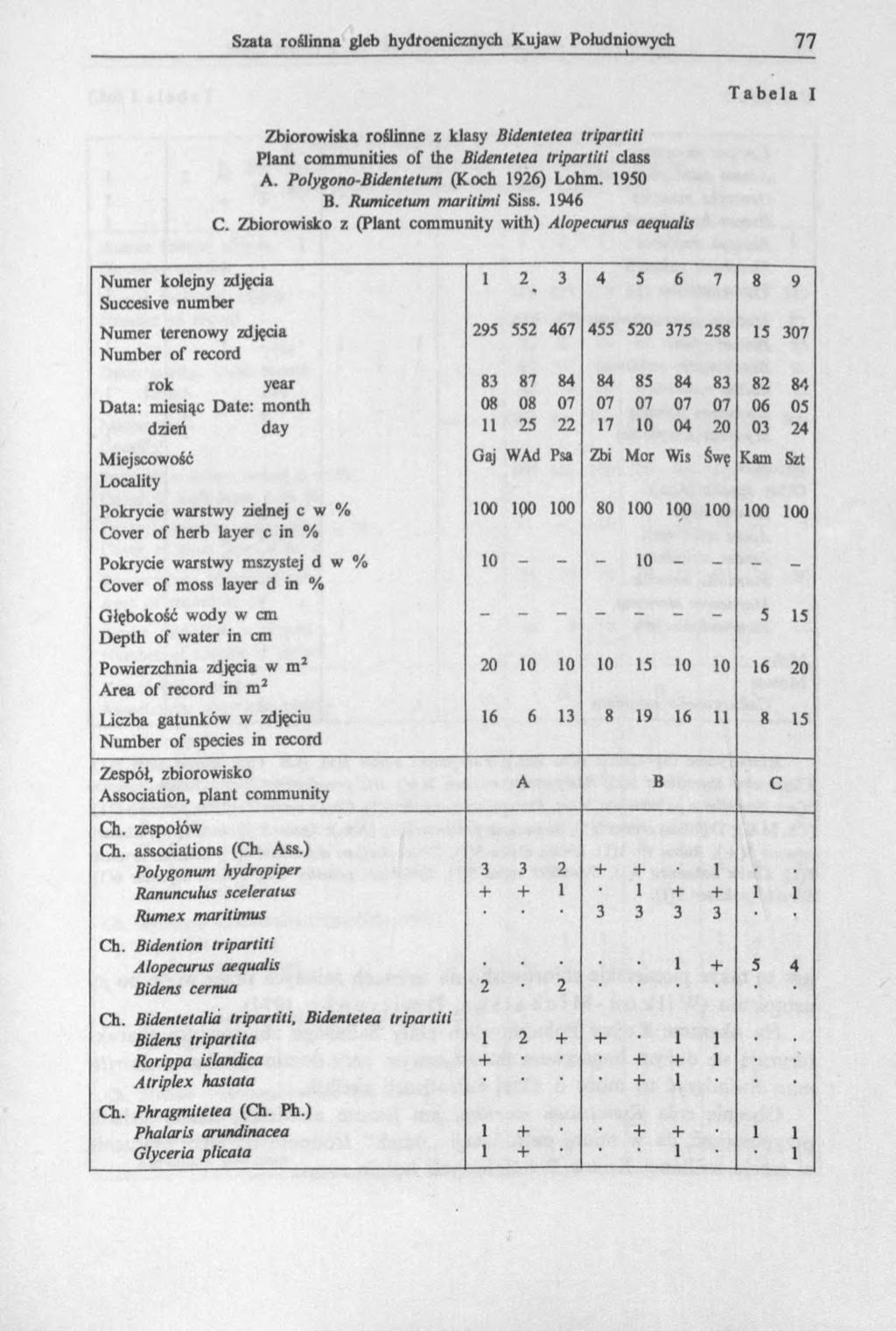Tabela I Zbiorowiska roślinne z klasy Bidenlelea tripartiti Plant communities of the Bidenlelea tripartiti class A. Polygono-Bidentetum (Koch 1926) Lohm. 1950 B. Rumicetum maritimi Siss. 1946 C.