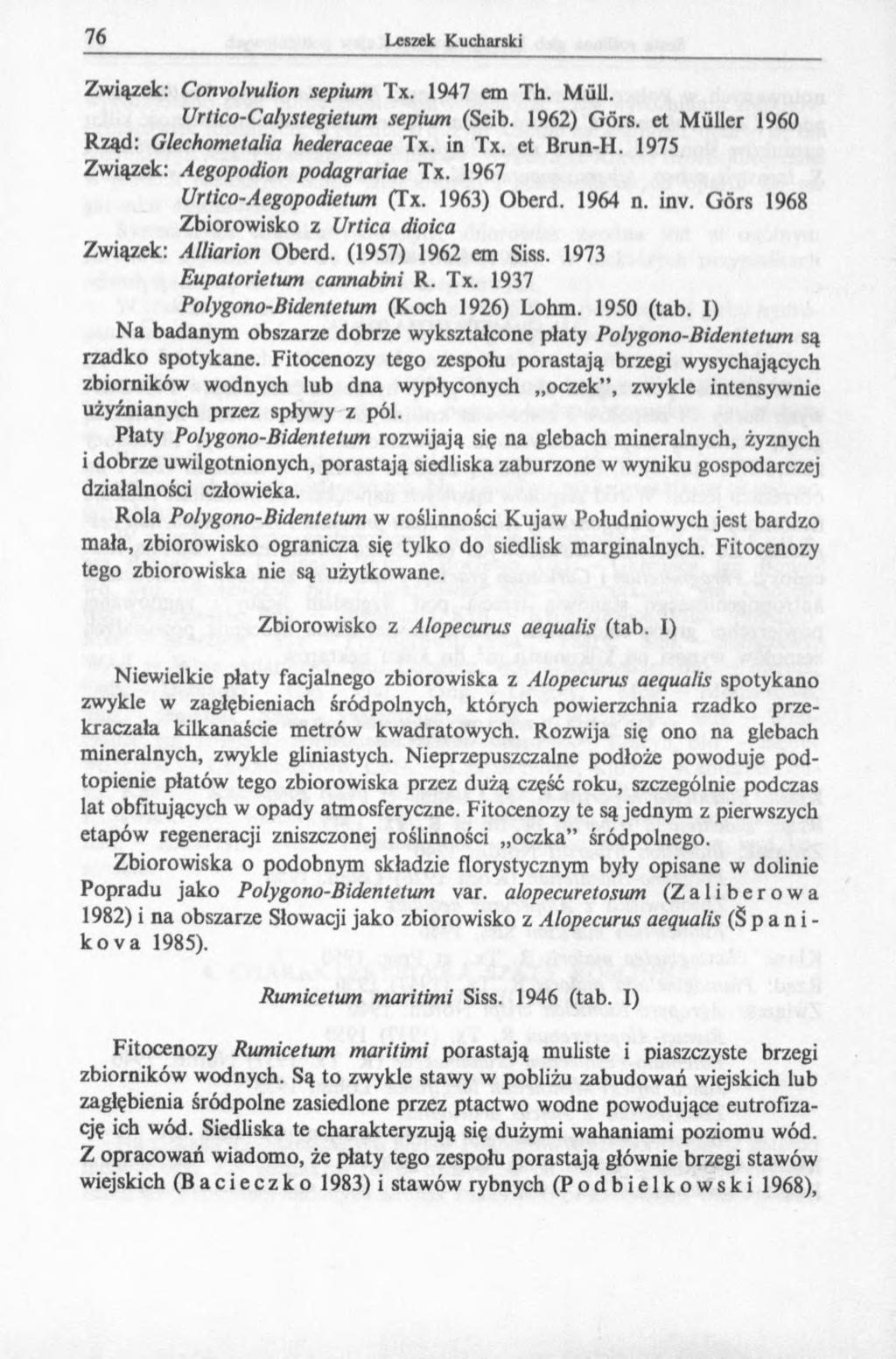 Związek: Convolvulion sepium Tx. 1947 em Th. Müll. Urtico-Calystegietum sepium (Seib. 1962) Görs, et Müller 1960 Rząd: Glechometalia hederaceae Tx. in Tx. et Brun-H.