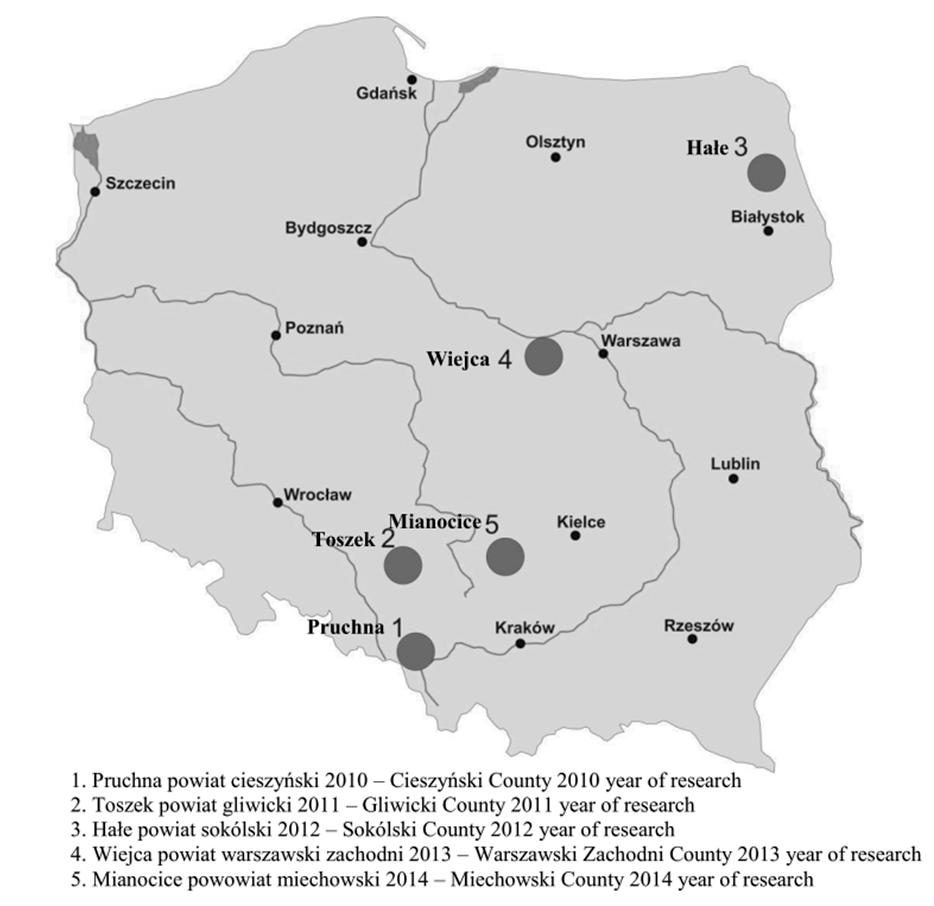 Porównanie reakcji produkcyjno-rozwojowej roślin międzyplonu ścierniskowego w zależności... 127 1. Pruchna powiat cieszyński 2010 Cieszyński County 2010 year of research 2.
