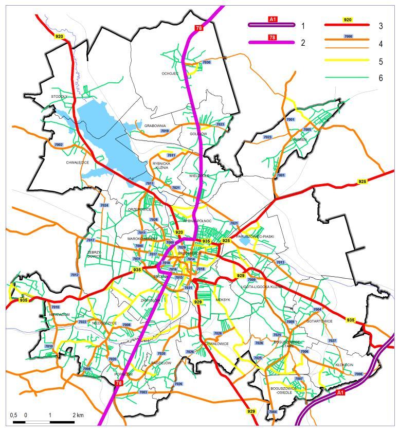 Rysunek 1. Istniejący układ drogowy Źródło: Projekt studium uwarunkowań i kierunków zagospodarowania przestrzennego miasta Rybnika, kwiecień 2016 r.