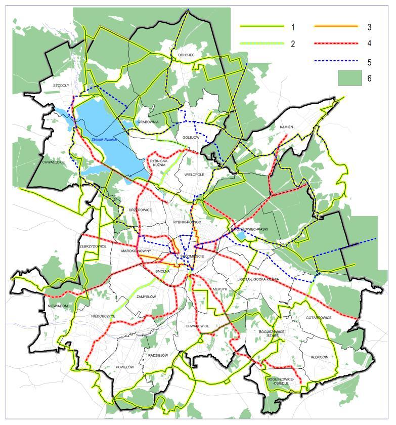 Rysunek 2. Istniejące i niektóre planowane trasy i drogi rowerowe. Szlaki turystyczne Źródło: Projekt studium uwarunkowań i kierunków zagospodarowania przestrzennego, kwiecień 2016 r.