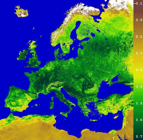 KRZYSZTOF MARKOWICZ Ry. Przykładwa mapa rzkładu przetrzenneg ndeku NDVI Tabela 9.. Wartść ndeku NDVI wegetacja. -.75 ceany, jezra, rzek wartśc ujemne półputyne -. chmury -.