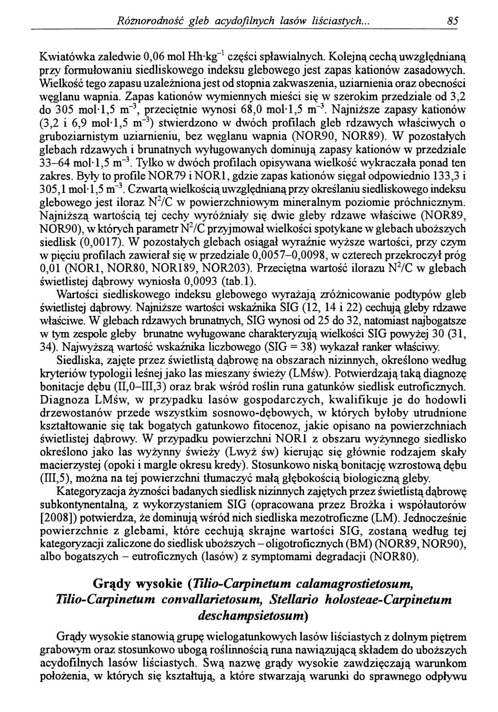 Różnorodność gleb acydofilnych lasów liściastych.. 85 Kwiatówka zaledwie 0,06 mol Hh-kg 1części spławialnych.