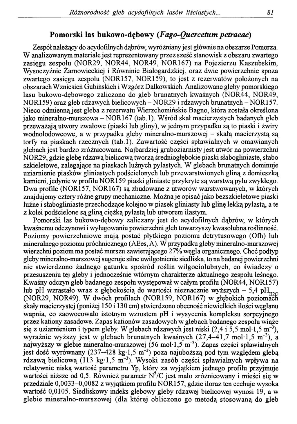 Rómorodność gleb acydofilnych lasów liściastych.. 81 Pomorski las bukowo-dębowy (Fago-Quercetum petraeae) Zespół należący do acydofilnych dąbrów, wyróżniany jest głównie na obszarze Pomorza.