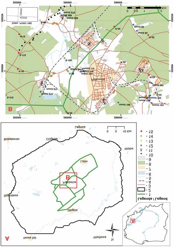 Model koncepcyjny systemu hydrogeologicznego obszaru oddzia³ywania Lubiñsko-G³ogowskiego Obszaru Miedzionoœnego (LGOM) 205 Fig. 1. A. Lokalizacja obszaru badañ. B.