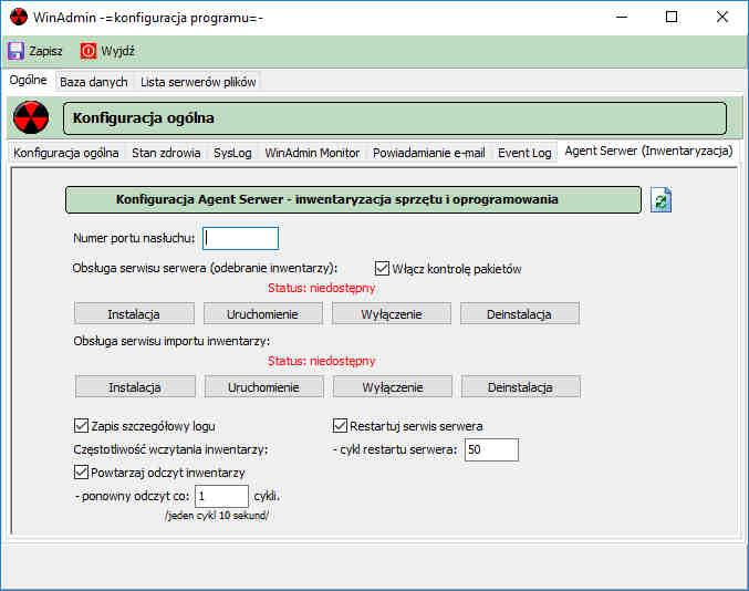 Kolejnym krokiem jest instalacja usług serwera oraz ich uruchomienie. Czynność tą realizujemy w Menu: Ustawienia -> Konfiguracja programu -> zakładka: Ogólne -> Agent Serwer (Inwentaryzacja).