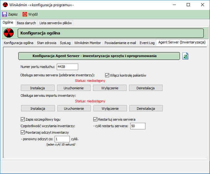 Agent Serwer opcje konfiguracyjne niezbędne dla uruchomienia procesu