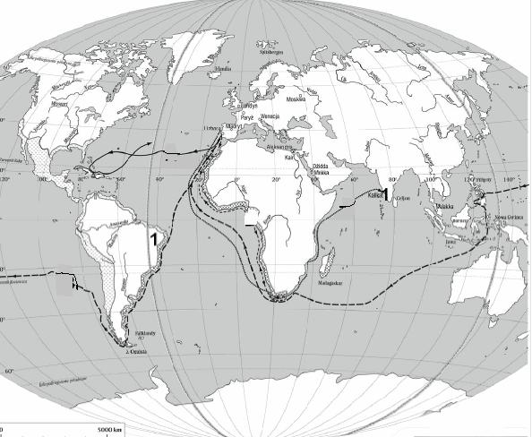 Zadanie 10 (0-6p.) Wykonaj polecenia związane z mapą Wielkie Odkrycia Geograficzne XV / XVIw. 1. Literą A zaznacz na mapie podróż Bartolomeo Diaza, literą B - Vasco da Gammy, literą C - Ferdynanda Magellana.