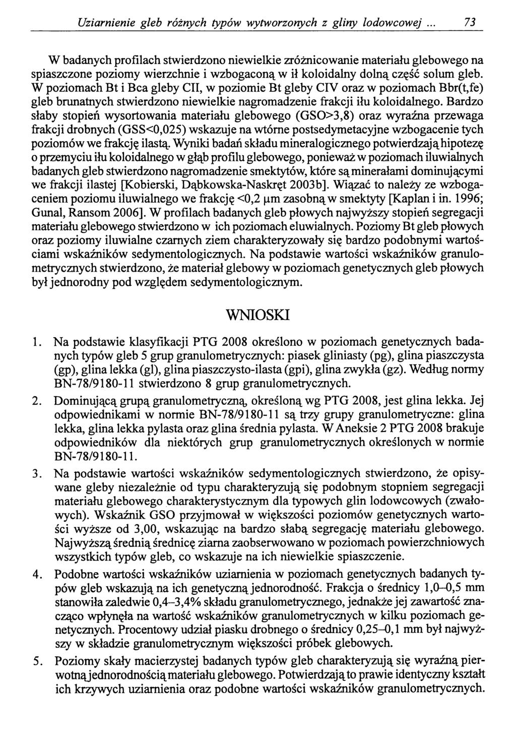 Uziarnienie gleb różnych typów wytworzonych z gliny lodowcowej 73 W badanych profilach stwierdzono niewielkie zróżnicowanie materiału glebowego na spiaszczone poziomy wierzchnie i wzbogaconą w ił