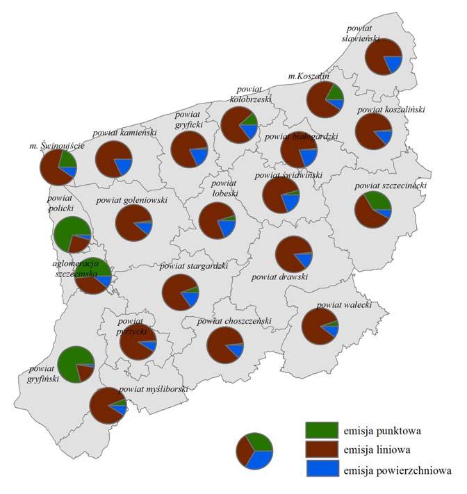 Informacje o wielkości emisji liniowej zostały opracowane na podstawie danych o rodzaju i ilości samochodów na poszczególnych odcinkach dróg oraz na podstawie współczynników emisji.