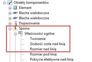 W naszym przykładzie wybierzemy właściwość Rozmiar nad linią spoiny znajdującej