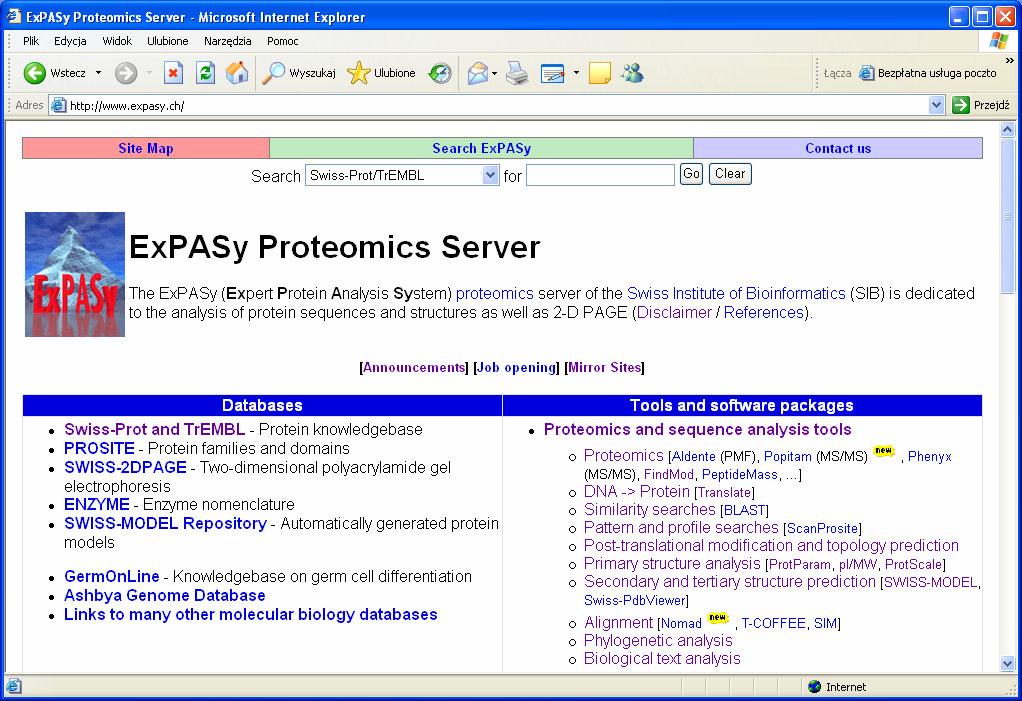 Strona Białek: ExPASy strona domowa SwissProt i TrEMBL zbiór narzędzi