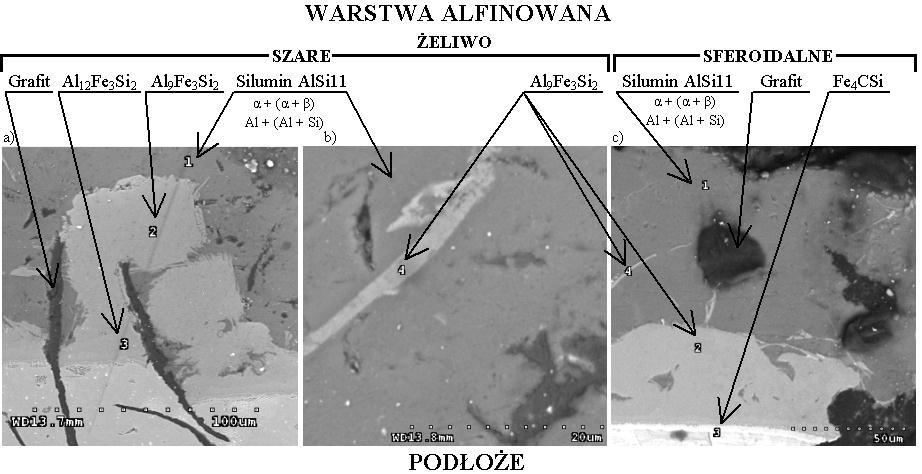 The structure of the alphinizing coat and testing points of Al, Fe and Si concentration: a armco iron, b 45 steel, c magnification of 4 coat from fig.