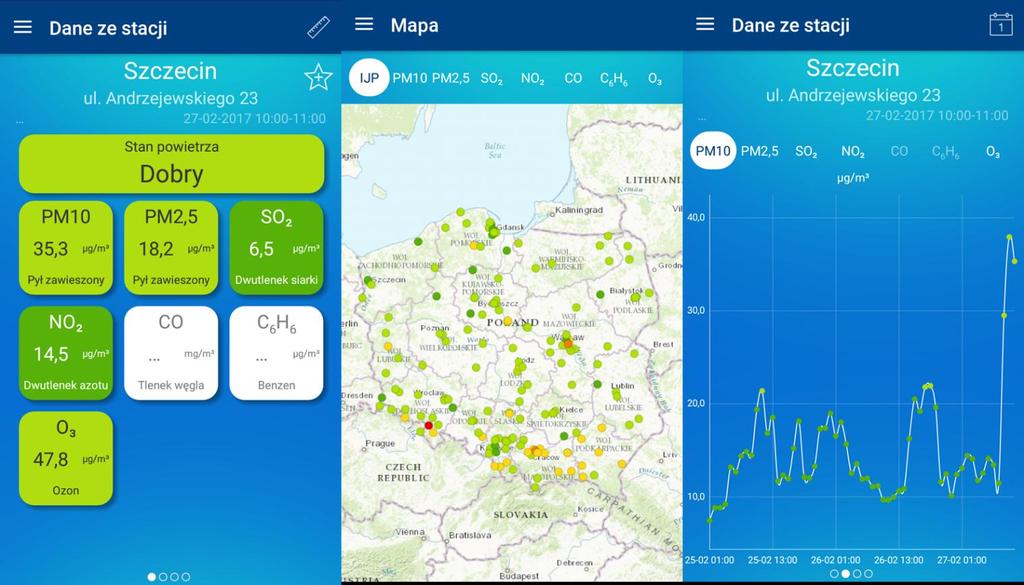 Aplikacja mobilna Jakość powietrza w Polsce Główny Inspektorat Ochrony Środowiska uruchomił aplikację na urządzenia mobilne Jakość powietrza w Polsce, udostępniającą dane ze stacji monitorujących