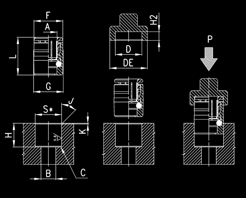 KATALOG > Wydanie 8.7 > Szybkozłącza wtykowe serii 6000 Złącza mod. 6700 Nabój wtykowy S* = gniazdo metalowe (+0,05-0) lub z tworzywa sztucznego (+0,03-0,02) Mod.