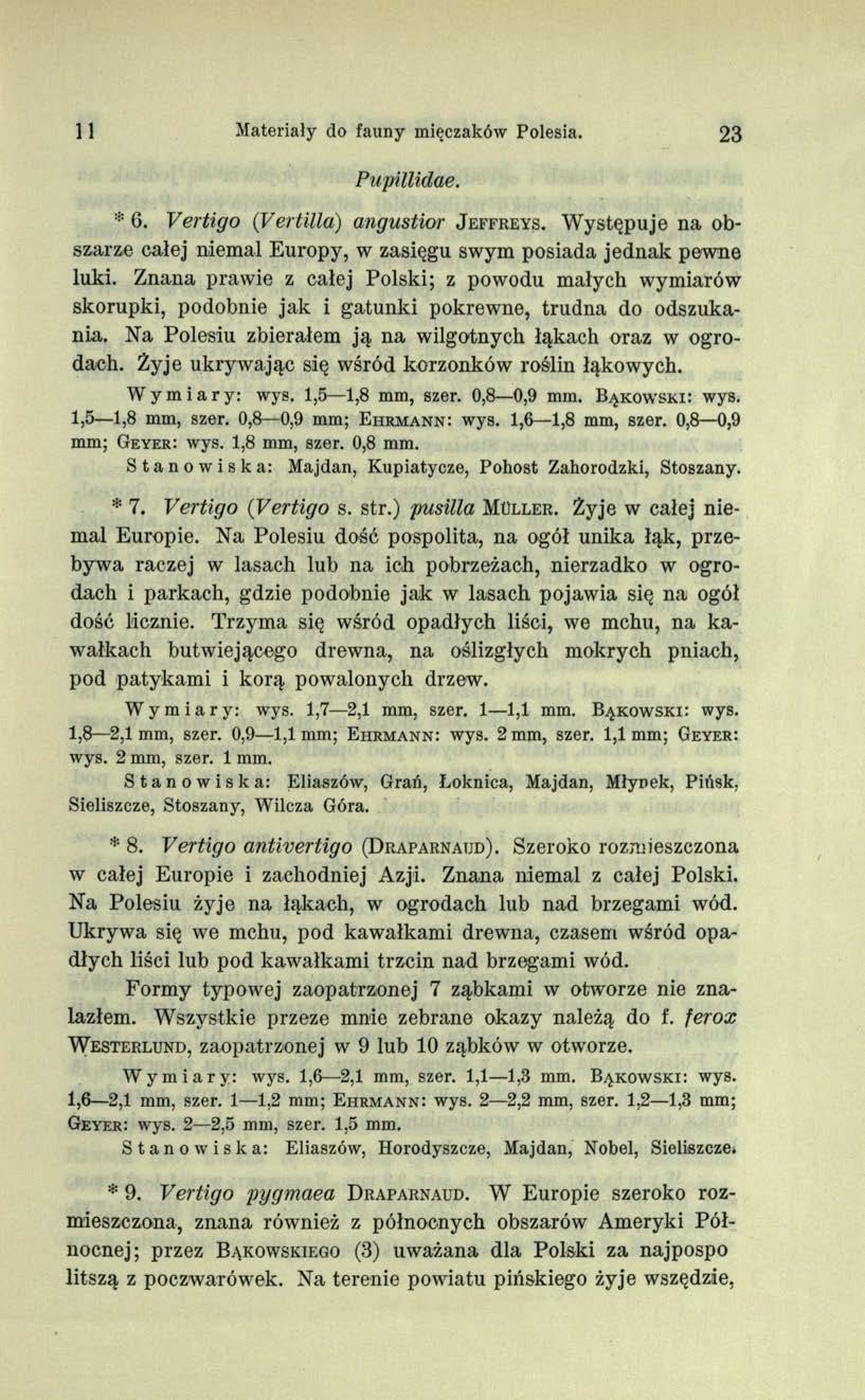11 Materiały do fauny mięczaków Polesia. 23 Pupillidae. * 6. Vertigo (Vertilla) angustior J e f fr ey s. Występuje na obszarze całej niemal Europy, w zasięgu swym posiada jednak pewne luki.