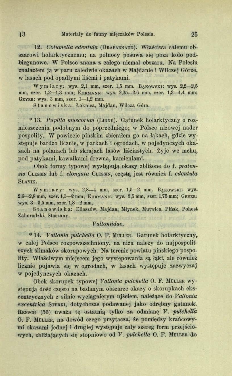 13 Materiały do fauny mięczaków Polesia. 25 12. Columella edentula ( D r a p a r n a u d ). Właściwa całemu obszarowi holarktycznemu; na północy posuwa się poza koło podbiegunowe.