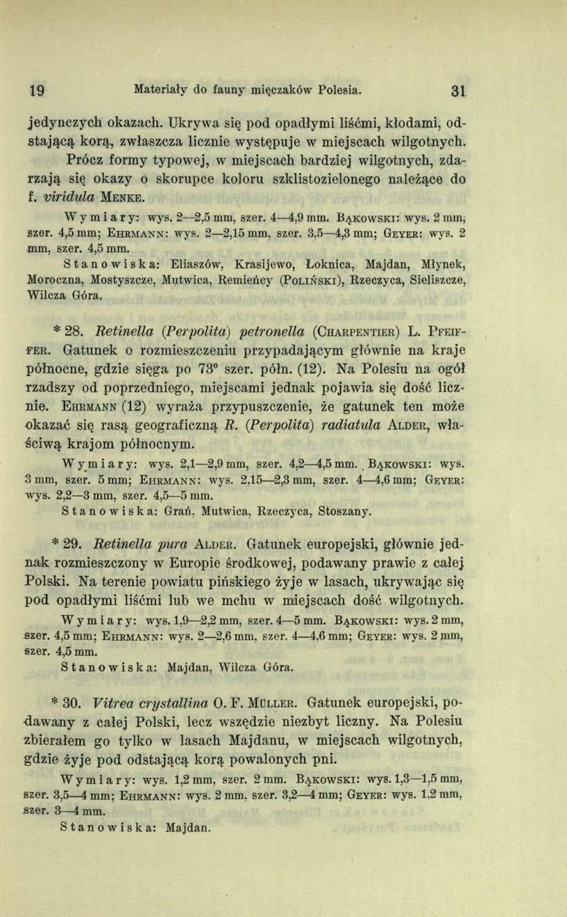19 Materiały do fauny mięczaków Polesia. 31 jedynczych okazach. Ukrywa się pod opadłymi liśćmi, kłodami, odstającą korą, zwłaszcza licznie występuje w miejscach wilgotnych.