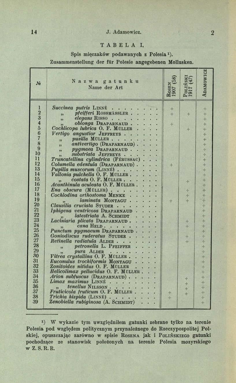 14 J. Adamowicz. 2 T A B E L A I. Spis mięczaków podaw anych z P olesial ). Zusammenstellung der für Polesie angegebenen Mollusken.