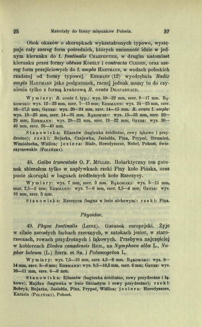 25 Materiały do fauny mięczaków Polesia. 37 Obok okazów o skorupkach wykształconych typowo, występuje cały szereg form pośrednich, których zmienność idzie w jednym kierunku do f.
