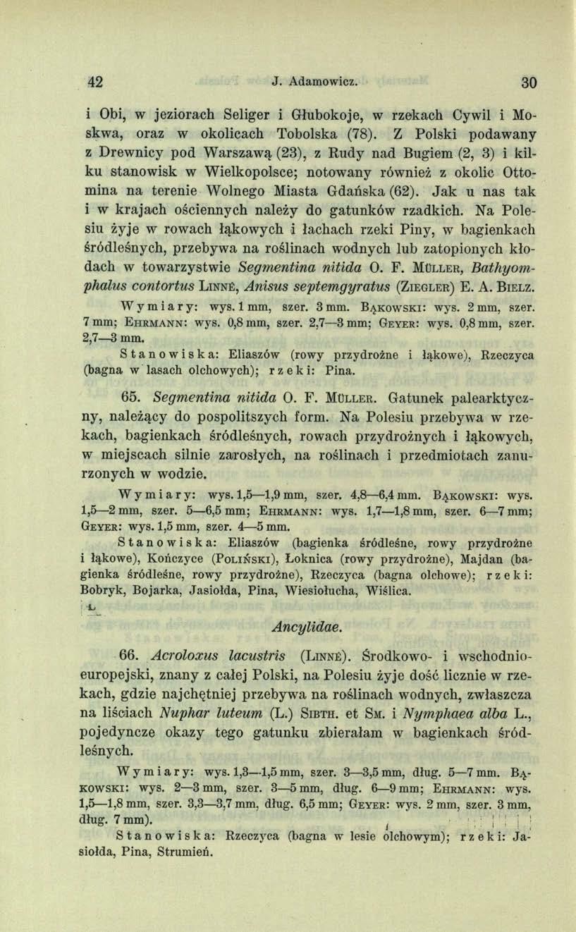 42 J. Adamowicz. 30 i Obi, w jeziorach Seliger i Głubokoje, w rzekach Cywil i Moskwa, oraz w okolicach Tobolska (78).