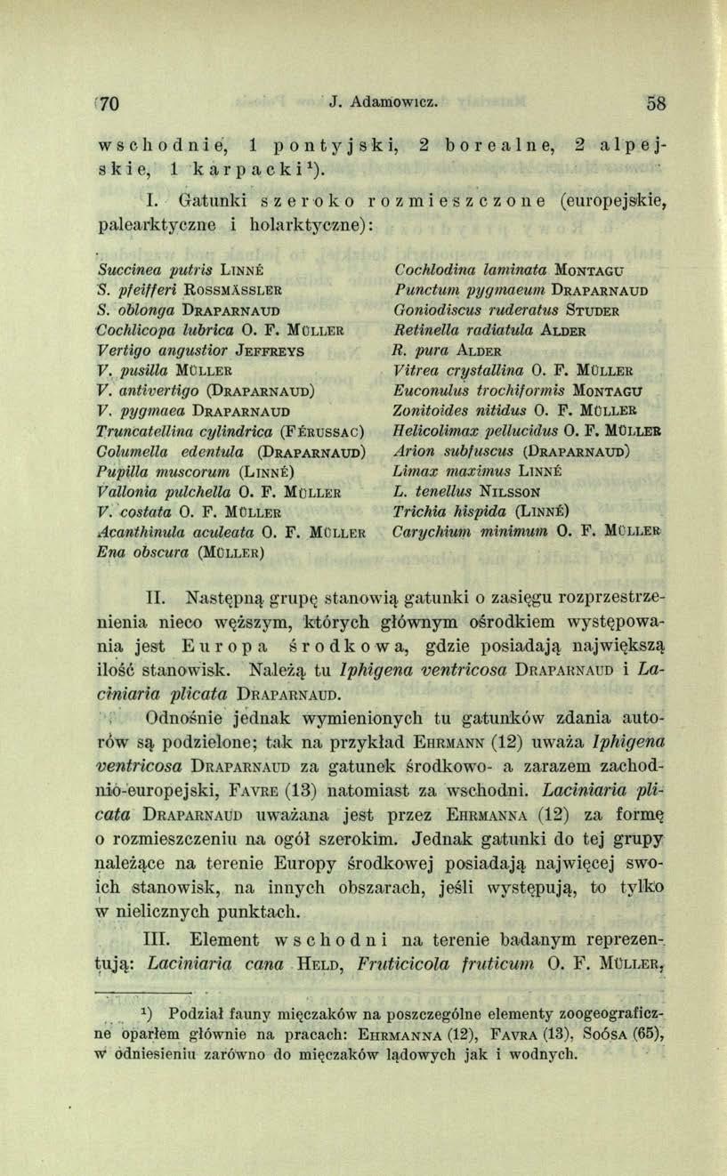 70 J. Adamowicz. 58 wschodnie, 1 pontyjski, 2 borealne, 2 alpejskie, 1 karpacki1). I. Gatunki szeroko rozmieszczone (europejskie, palearktyczne i holarktyczne) : Succinea putris L in n é 'S.