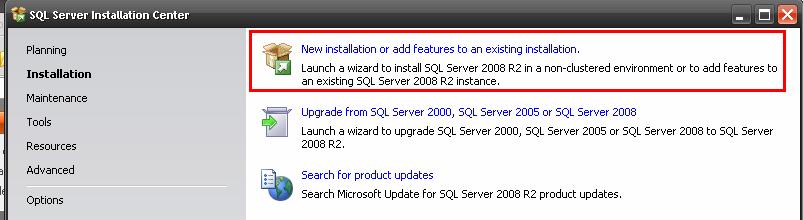 Instalacja MSSQLSERVER: Należy uruchomić instalator, a następnie po pojawieniu się okna: wybrać opcję New