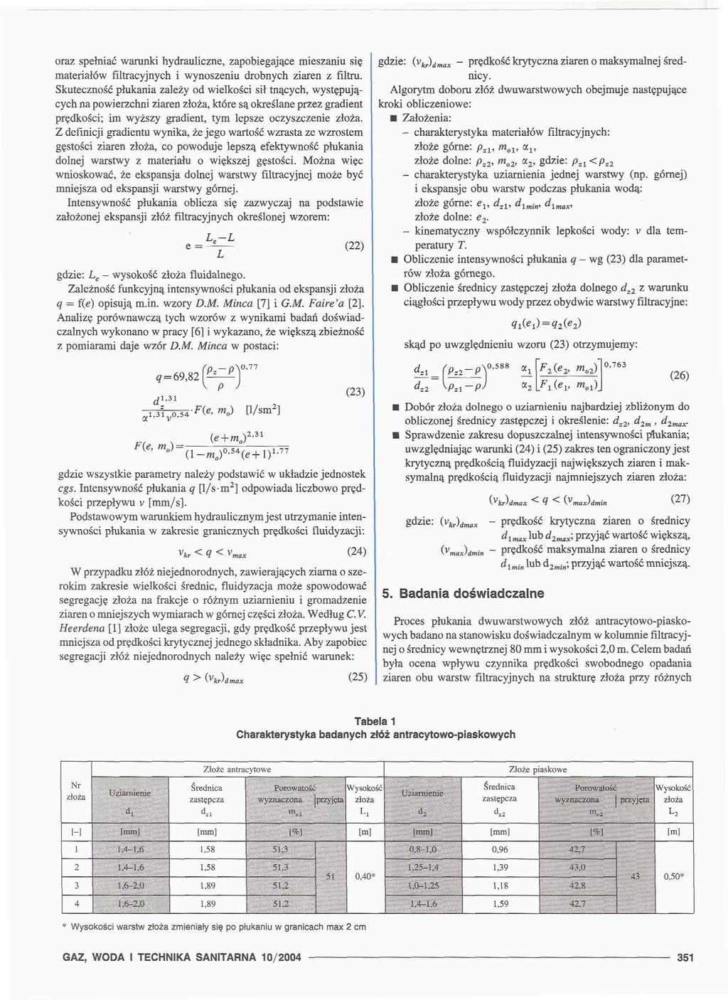 oraz spełnać warunk hydraulczne, zapobegające meszanu sę materałów fltracyjnych wynoszenu drobnych zaren z fltru.