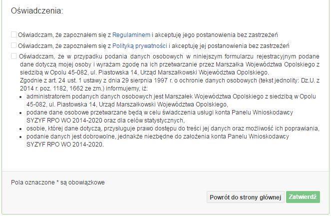 4. Zapoznaj się z oświadczeniami i zaakceptuj je. W tym celu zaznacz wszystkie checkboxy obok oświadczeń i kliknij przycisk Zatwierdź. 5.