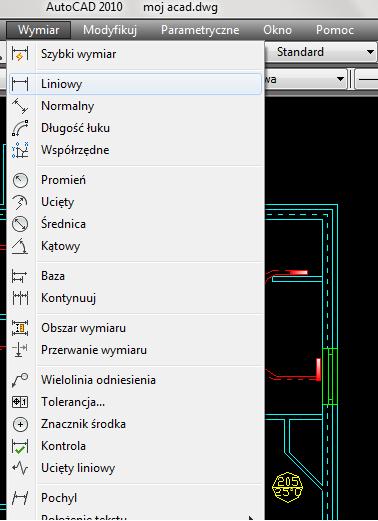 polecenie wymiar liniowy i wymiarujemy nasz projekt: klikamy myszką na