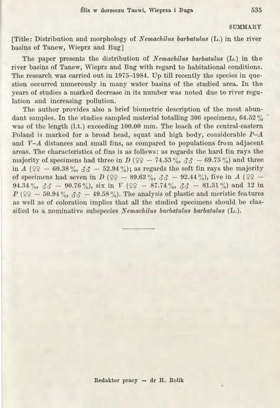 Śliz w dorzeczu Tanwi, Wieprza i Buga 5 3 5 SUARY [Title: Distribution and morphology of Nemaclus barbatulus (L.