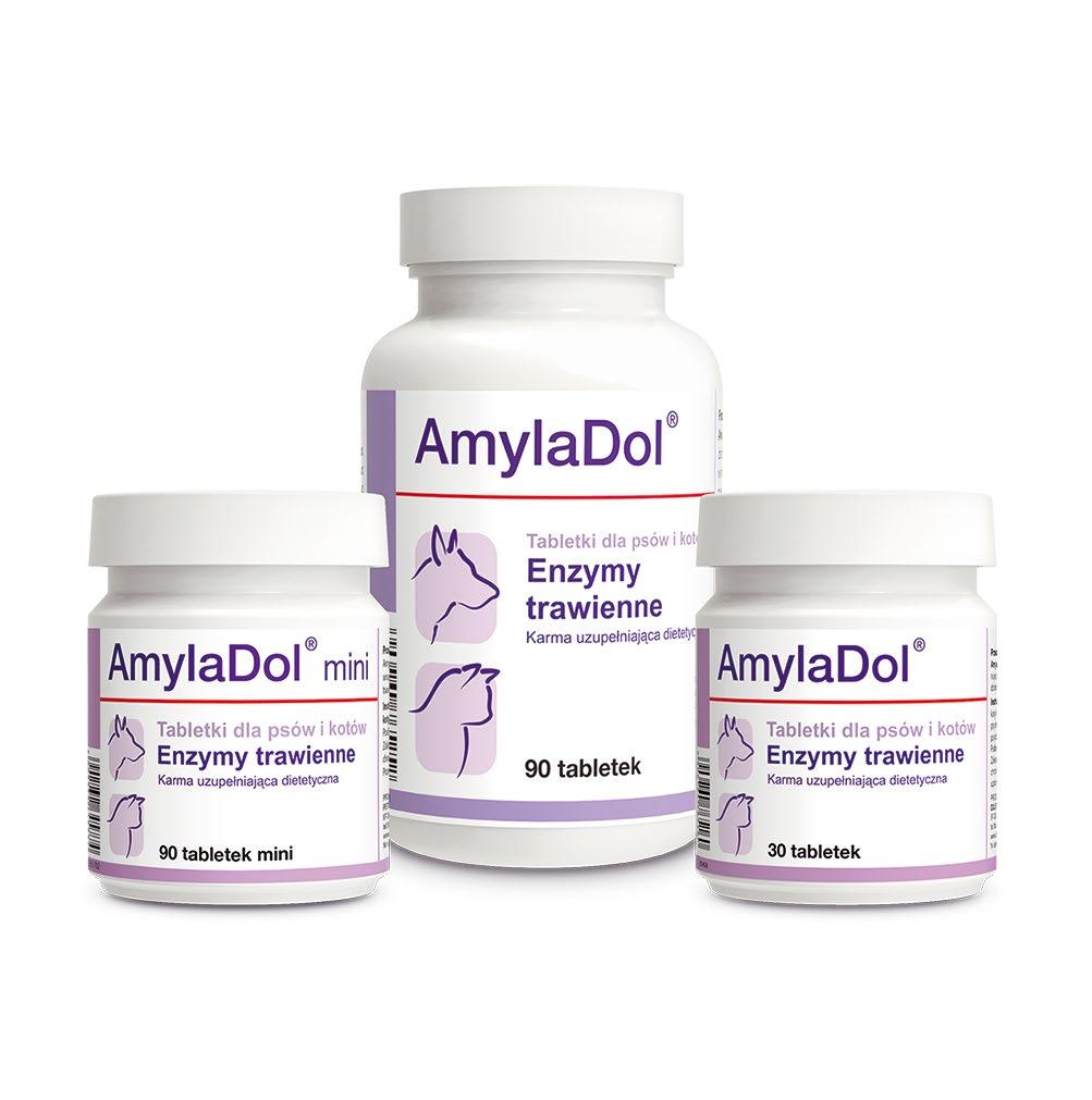 AmylaDol, AmylaDol mini ENZYMY TRAWIENNE AmylaDol i AmylaDol mini to preparaty dla psów i kotów zawierające naturalne enzymy trawienne. Wyrównują zaburzenia trawienia.