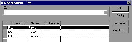 Rys. 5.167 Widok okna IFS/Sprzedaż/Pozycje sprzedawany/pozycja sprzedawana Informacja przesyłowa. Rys. 5.168 Widok okna listy Typ opakowań Pakiety. W systemie IFS Applications możemy tworzyć pakiety.