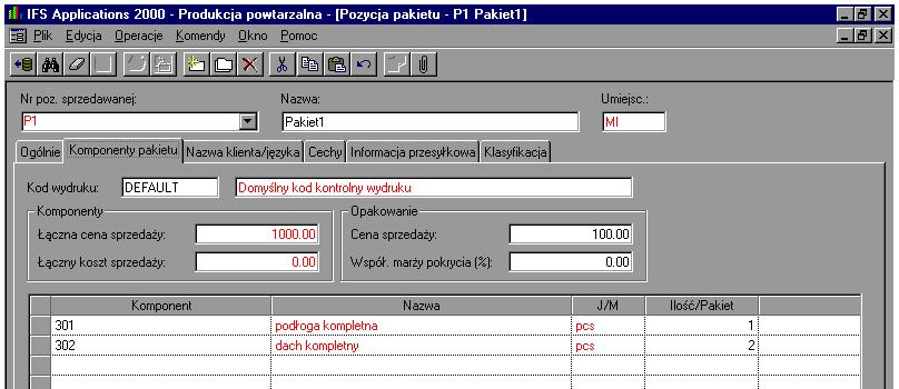 Rys. 5.171 Widok okna IFS/Sprzedaż/Pozycje sprzedawane/pakiet Komponenty pakietu.