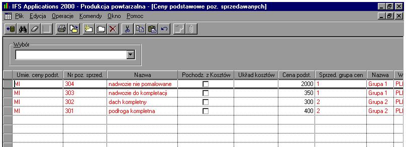 W celu wprowadzenia nowej ceny podstawowej należy dla wyrobów sprzedawanych, po otworzeniu folderu Ceny podstawowe poz. sprzedawanych, należy zaznaczyć wiersz w tabeli i wybrać plecenie Nowy.