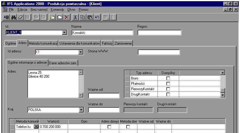 Rys. 5.179 Widok okna IFS/Sprzedaż/Klienci/Klient Adres Ogólne informacje o adresie. W zakładce Dane adresów zam. określa się informacjie o warunkach dostaw i czasie ich realizacji.