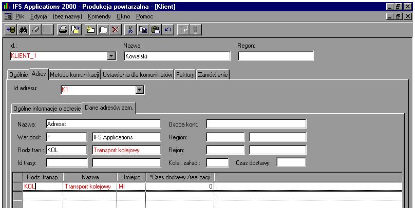 Rys. 5.180 Widok okna IFS/Sprzedaż/Klienci/Klient Adres Dane adresów zam. W zakładce Faktóry wprowadzamy dane wykorzystywane w późniejszym procesie wytawiania faktur dla klientów.