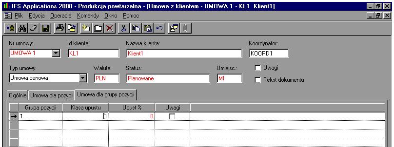 Rys. 5.185 Widok okna IFS/Sprzedaż/Umowa z klientem Umowa dla grup pozycji. Aby umowa z danym klientem była widoczna w dalszej pracy z systemem należy ją aktywować.