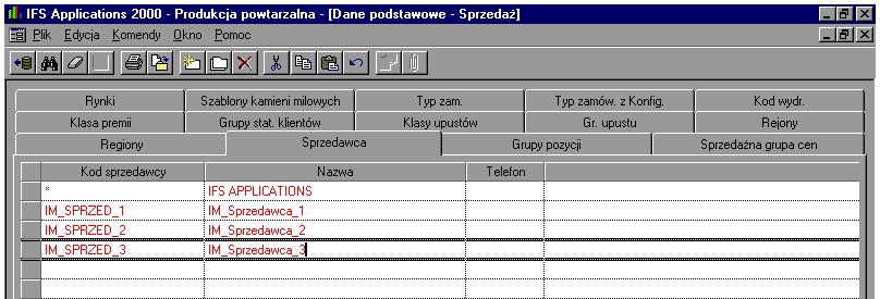 Rys. 5.154. Widok okna IFS/Sprzedaż/Dane podstawowe Sprzedaż Sprzedawcy. W zakładce Rynki definiujemy rynki, na których będziemy sprzedawać wyroby produkowane w naszej fabryce.