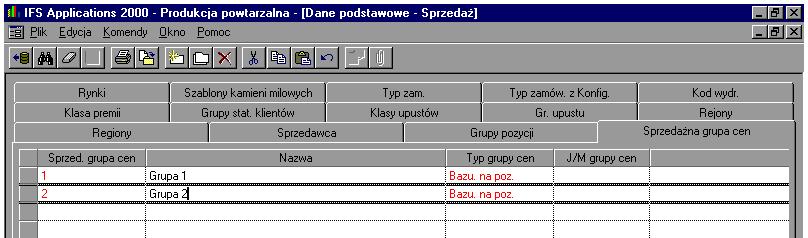 Rys. 5.159. Widok okna IFS/Sprzedaż/Dane podstawowe Sprzedaż Sprzedazna grupa cen. W zakładce Klasa premii definiujemy klasy premii, według których będziemy udzielać rabatu na sprzedawane produkty.