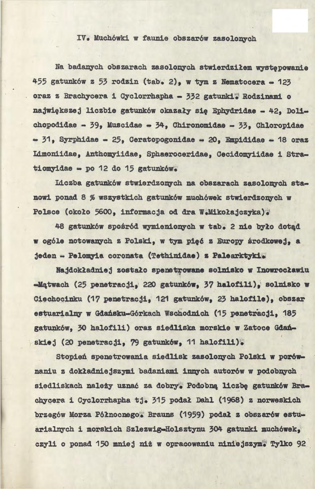 IV* Muchówki w faunie obszarów zasolonych Na badanych obszarach zasolonych stwierdziłem występowanie 455 gatunków z 53 rodzin (tab* 2)f w tym z Nematocera **123 oraz z Brachycera i Cyclorrhapha 332