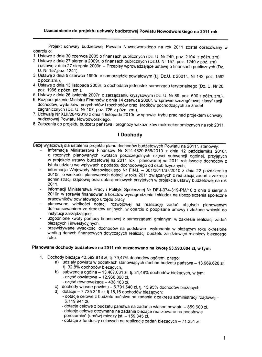 Projekt uchwały budżetowej Powiatu Nowodworskiego na rok 2011 został opracowany w oparciu o: 1. Ustawę z dnia 30 czerwca 2005 o finansach publicznych (Dz. U. Nr 249, poz. 2104 z późno zm), 2.