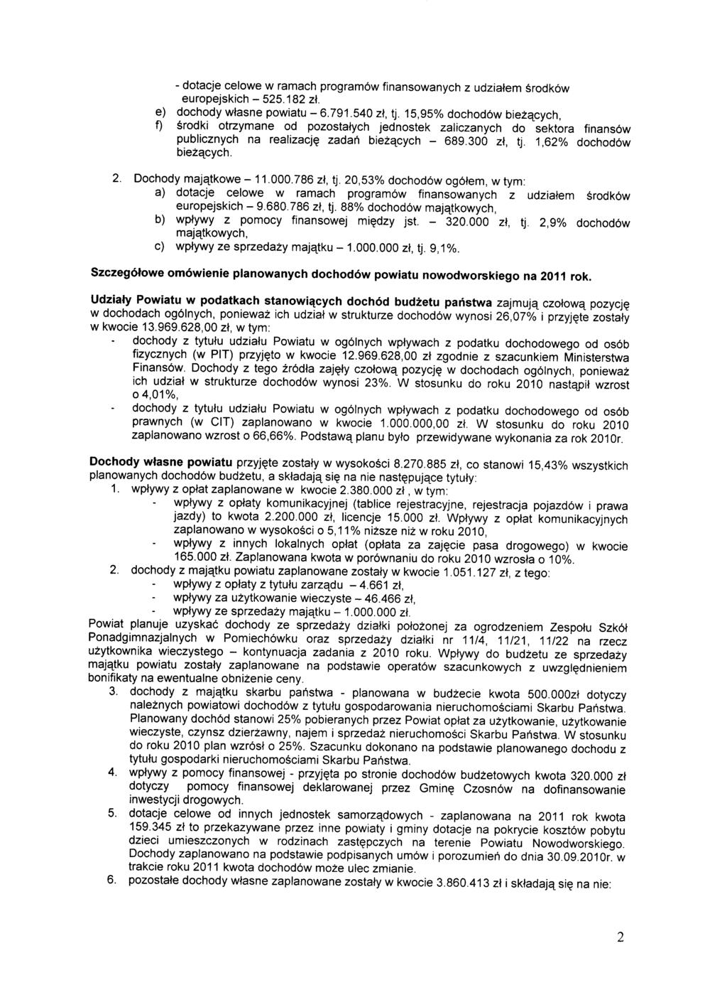 - dotacje celowe w ramach programów finansowanych z udziałem środków europejskich - 525.182 zł. e) dochody własne powiatu - 6.791.540 zł, tj.