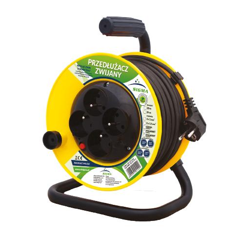 PRZEDŁUŻACZE BĘBNOWE Przedłużacz zwijany 4 gniazdowy - całkowicie zwinięty 700W/230V~ - całkowicie rozwinięty 2300W/230V~ - rodzaj izolacji: GUMA -