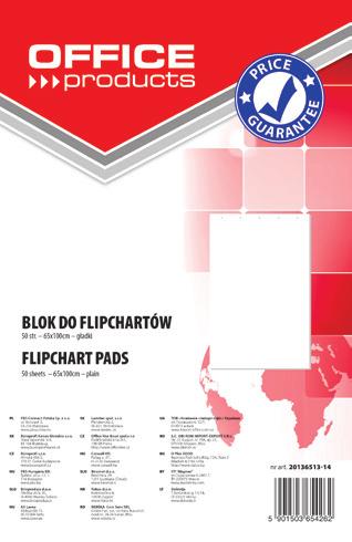 20136513-14 biały gładki 50 65x100 12/144 20136529-14 biały w kratkę 20 65x100 25/300 ekonomiczny blok do flipchartu, gładki lub w kratkę ilość kartek: 20 lub 50 gramatura papieru: