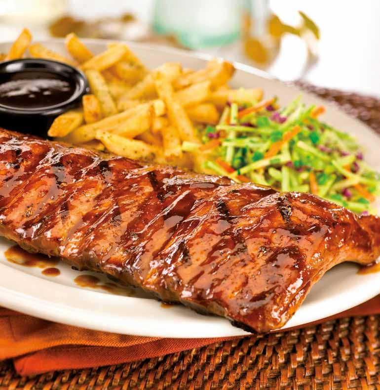 colesław. TEXAS SPICED RIBS 61 ZŁ Doskonale upieczone i zgrillowane żeberka wieprzowe zapieczone z naszym sosem barbecue z pikantną przyprawą Texas. Serwowane z frytkami oraz surówką colesław.