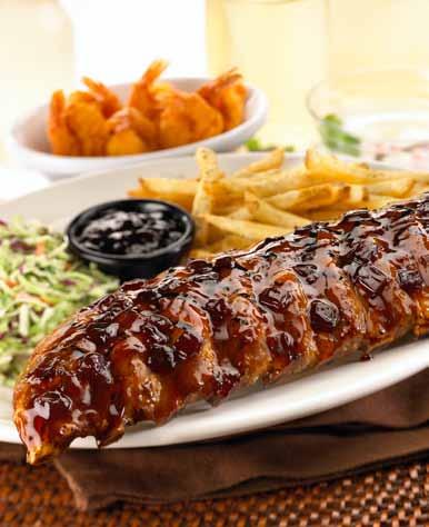 JACK DANIEL S RIBS & SHRIMP 78 ZŁ Żeberka wieprzowe przygotowane z pikantną przyprawą Cajun, wolno pieczone a następnie perfekcyjnie grillowane i polane naszym oryginalnym sosem Jack Daniel s.