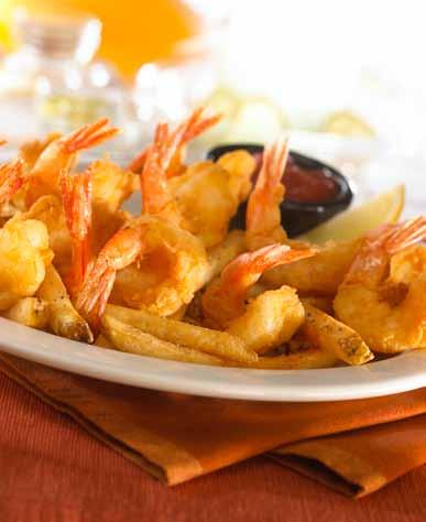 OWOCE MORZA FRIDAYS SHRIMP 49 ZŁ Dwanaście krewetek ręcznie panierowanych w łagodnej panierce, smażonych na złoty kolor, serwowanych z frytkami oraz sosem do wyboru.