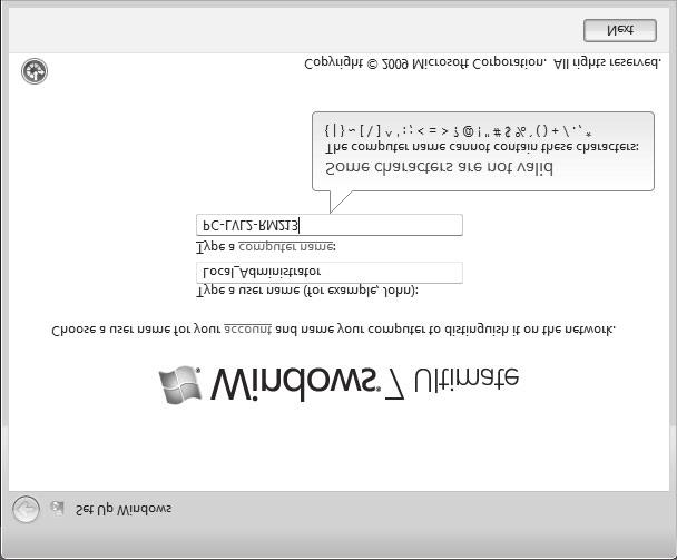 Rysunek 1-2 Nazwy lokalnego administratora i komputera Następny krok pozwala na wprowadzanie klucza produktu i skonfigurowanie systemu Windows do automatycznej aktywacji po ukończeniu instalacji i