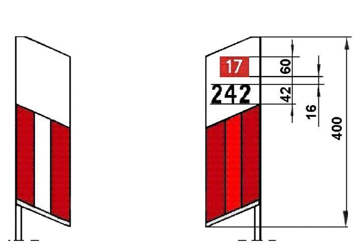 11. ZAŁĄCZNIK Wyciąg z: GDDKiA - Ogólne Specyfikacje Techniczne D-07.02.02 "Słupki prowadzące i krawędziowe oraz znaki kilometrowe i hektometrowe" Warszawa 2007. Rys.1. Słupek prowadzący U-1a z naniesionym numerem drogi, znakiem kilometrowym i hektometrowym, przeznaczony do umieszczania na poboczu drogi, w hektometrze zerowym Rys.